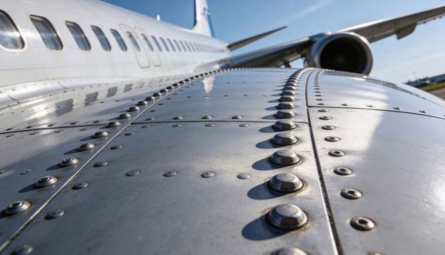 Aircraft wing closeup revealing rivets and panel seams with fuselage and engine detail