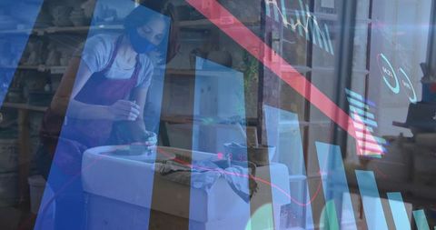 Female potter shaping clay on wheel with digital data overlay in artisan studio