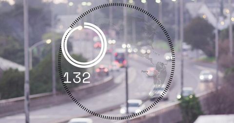 Circular hud overlaying peru map and traffic data, centering on urban highway with bokeh