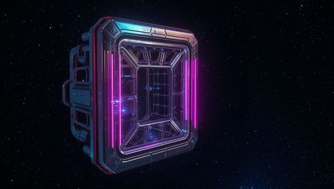 Futuristic neon-lit containment module floating in deep space with open inner cavity