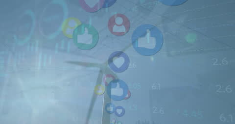 Social Media Icons Overlaying Wind Turbines and Data Charts