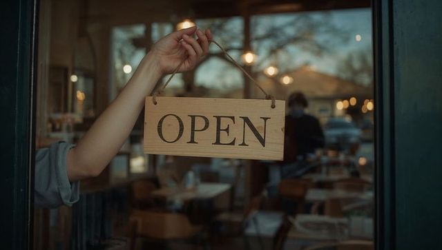 Hand holding wooden open sign in cozy cafe interior with warm pendant lighting