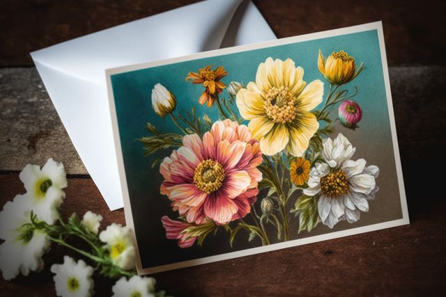 Vibrant floral greeting card featuring beautiful illustrated flowers on a wooden background, accompanied by a white envelope. Ideal for birthdays, celebrations, and personal messages. Perfect for use in greeting card designs, floral-themed projects, and stationery advertisements.
