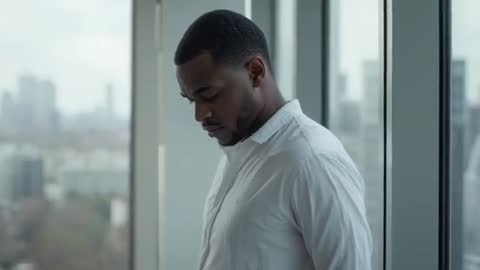 Contemplative man standing by floor-to-ceiling window, gazing down at overcast city skyline