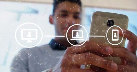 Man using smartphone with digital interface of network connections