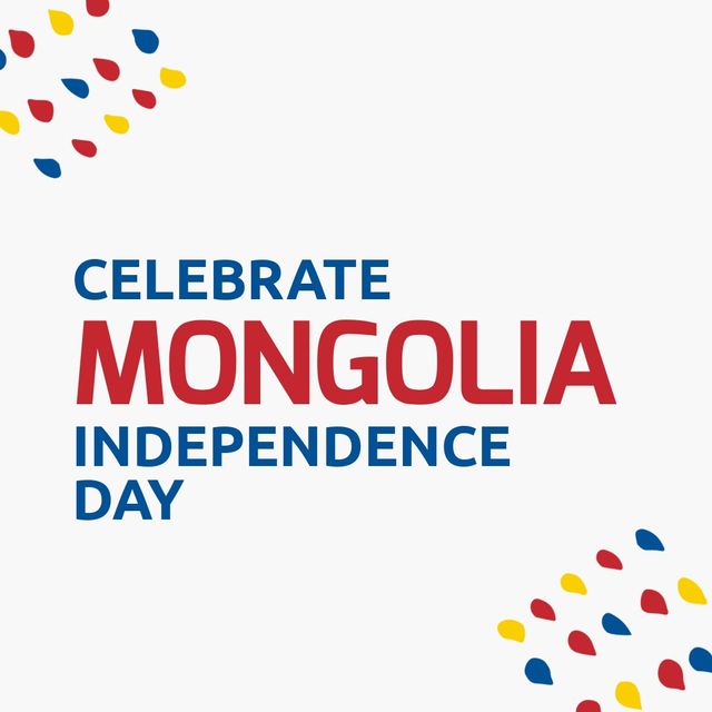 Illustration of celebrate mongolia independence day text with colorful spots on white background. Copy space, vector, patriotism, celebration, freedom and identity concept.
