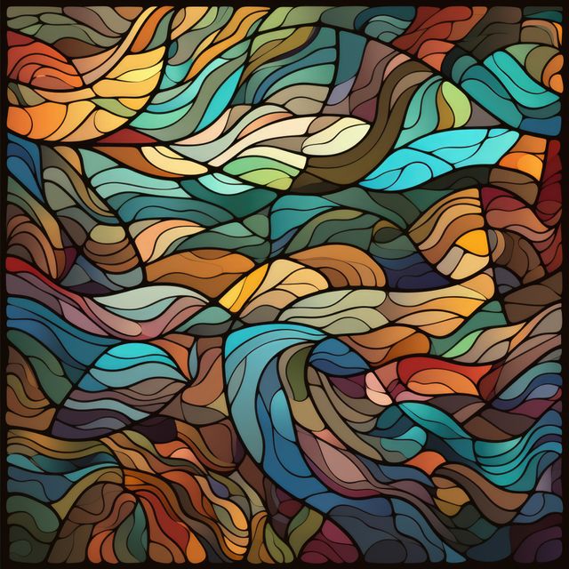 Colorful abstract stained glass pattern displaying organic and curving shapes, creating an artistic mosaic. This visually stimulating image is perfect for use in art projects, interior décor, product backgrounds, and graphic design. Ideal for bringing a vibrant and modern touch to any setting.