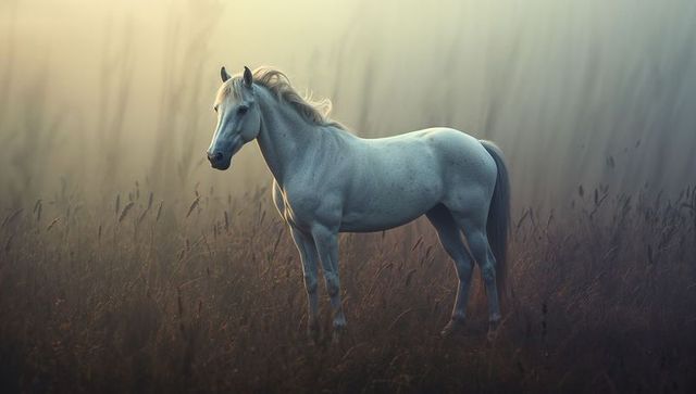 Graceful white horse standing in misty meadow at dawn