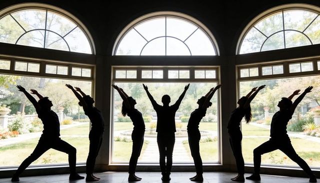 Six adults practicing yoga stretches in sunlit studio with arched windows and garden view