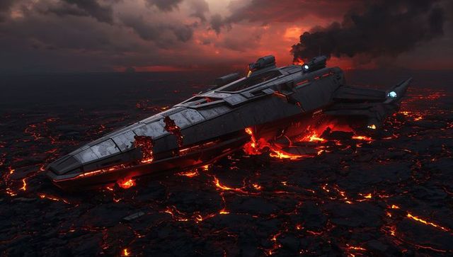 Futuristic spaceship crashing on molten lava field at dusk