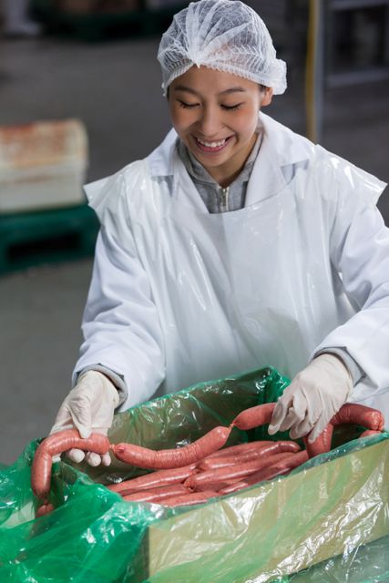 Female butcher processing sausages at meat factory