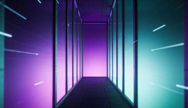 Glowing Neon Corridor Leading Through Futuristic Symmetrical Tunnel with Glass Panels