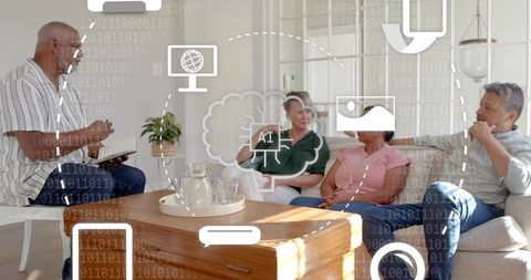 Multigenerational group discussing ai in bright living room, casual technology conversation