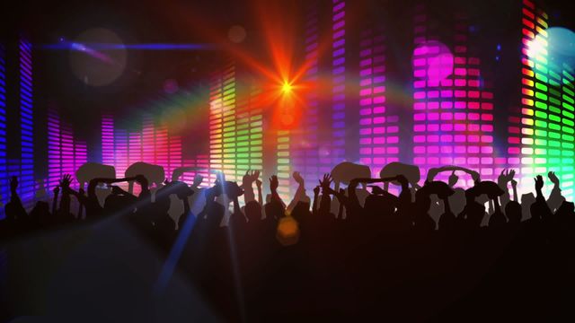 Silhouette of a lively crowd dancing and celebrating against a colorful and dynamic music equalizer backdrop. Bright spotlights add energy and movement to the scene. Perfect for illustrating music events, concert promotions, or nightlife advertisement and entertainment themes.