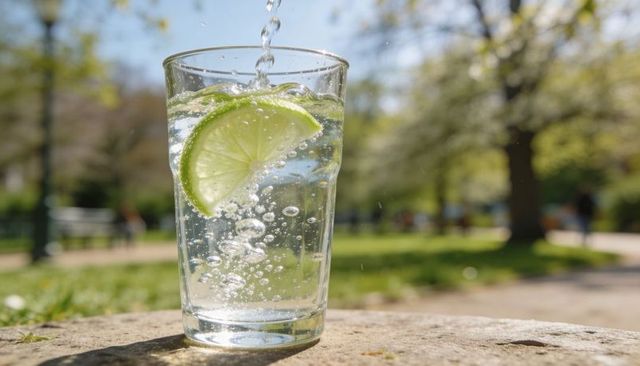 Sparkling water pouring into glass with lime on sunlit park stone, refreshing summer drink