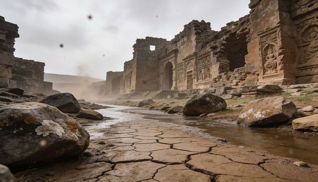 Carved stone ruins rising over cracked riverbed with stream and weathered archway