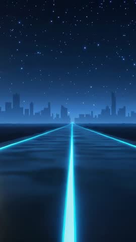 Vertical neon highway leading to futuristic skyline under starry night — vertical clip