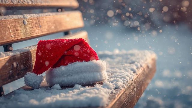 Lonely santa hat resting on snow-covered bench with warm bokeh and falling snow