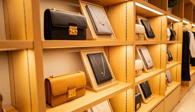 Displaying designer leather handbags and gold necklaces on illuminated wooden shelves