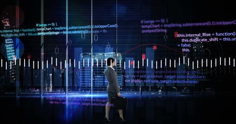 Businesswoman analyzing digital data streams in futuristic city