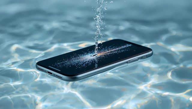 Waterproof smartphone floating in pool showing digital burst and water stream striking screen