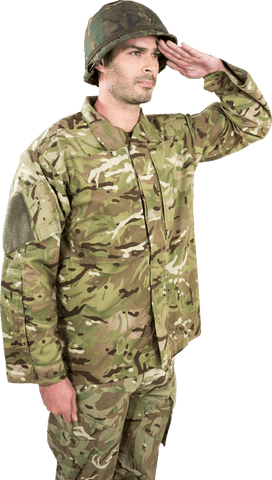 Caucasian Male Soldier in Camo Saluting on Transparent Background