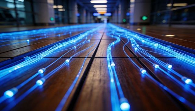Blue fiber-optic light strands flowing along wooden walkway in futuristic airport terminal