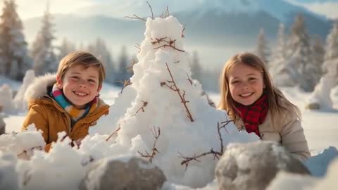 Siblings Building Unique Snow Sculpture in Winter Wonderland