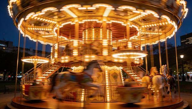 Vintage two-tier carousel spinning with warm lights at dusk, motion blur