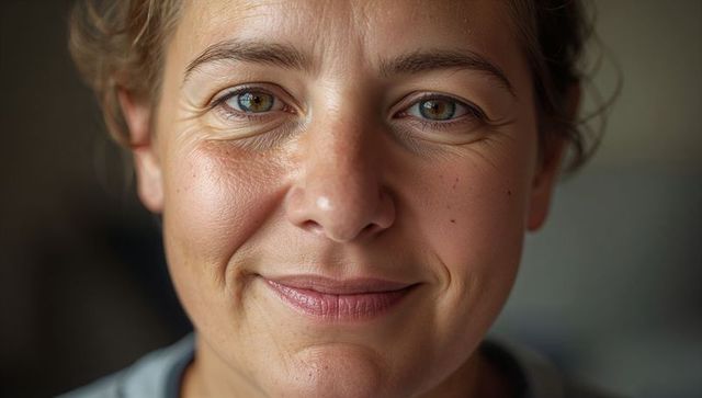 Closeup smiling middle-aged woman with short curly hair, hazel eyes, natural window light
