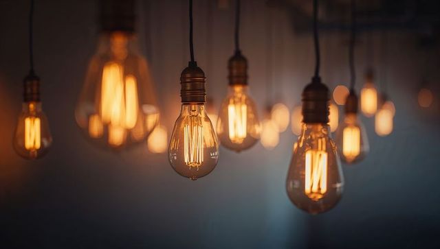 Edison-style filament bulbs hanging with warm amber glow and vintage brass sockets