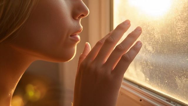 Woman tracing smudges on sunlit window at home, golden rimlight closeup of hand and jawline