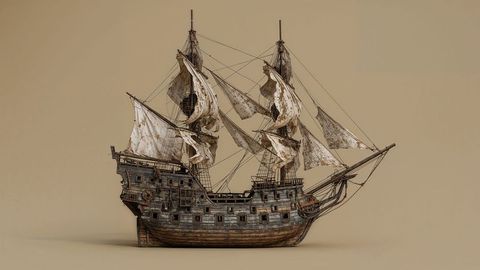 Vintage detailed pirate ship with worn sails and rigging