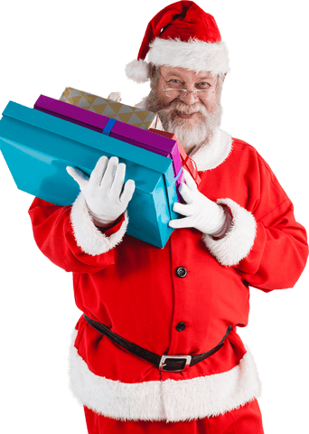 Jolly Santa Claus Holding Gifts on Transparent Background