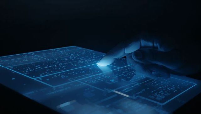 Tapping ringed fingertip activating futuristic glass tablet with neon blue circuit ui