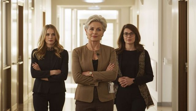 Confident female leadership team walking hallway arms crossed corporate power pose