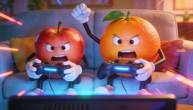 Angry apple and orange competing in intense couch gaming battle with glowing controllers