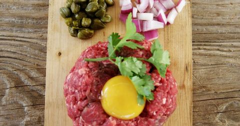 Steak Tartare Ingredients on Wooden Board Top View - Download Free Stock Images Pikwizard.com