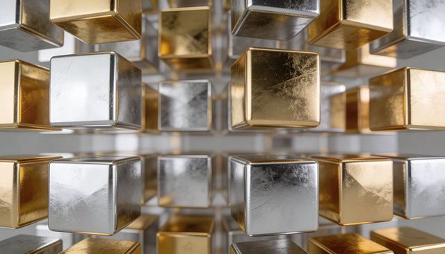 Gold and silver metal cube grid showing scuffed reflections and minimalist symmetry