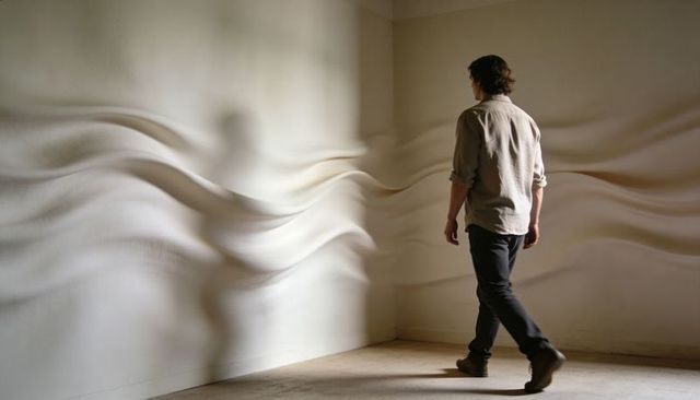 Walking man observing rippled wall art with flowing shadow waves in minimalist gallery