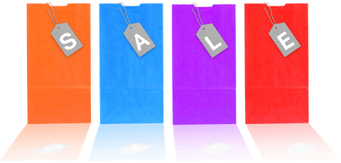 Transparent shopping bags with sale tags for retail promotions