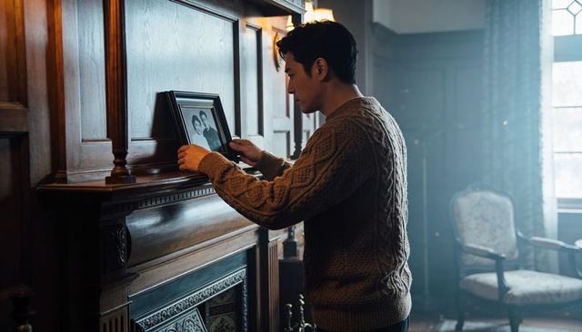 Asian man placing framed black and white portrait on mantel in vintage study, reflecting