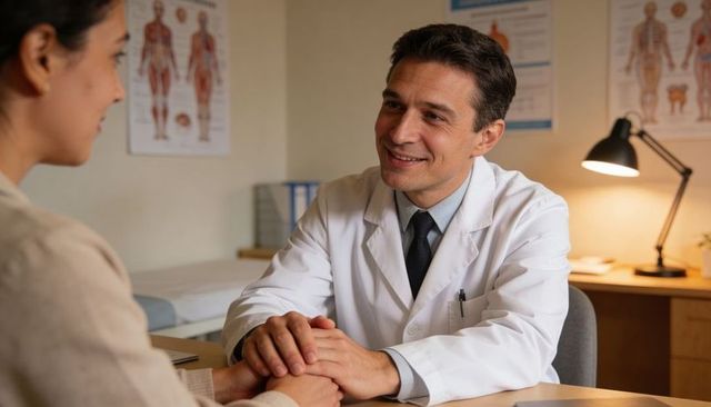 Male doctor holding patient hands offering reassurance during medical consultation