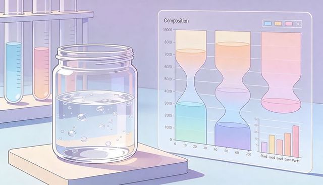 Bubbly liquid in glass jar on laboratory bench with test tubes and interactive data hud