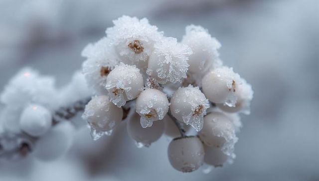 Frost-kissed white snowberry cluster with hoarfrost crystals and icy droplets macro