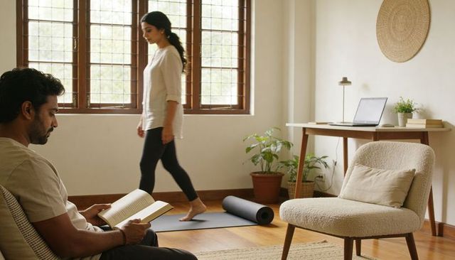 Man reading book in cozy minimalist living room while woman walking on yoga mat