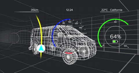 Futuristic Digital Dashboard Analyzing 3D Van Model Data
