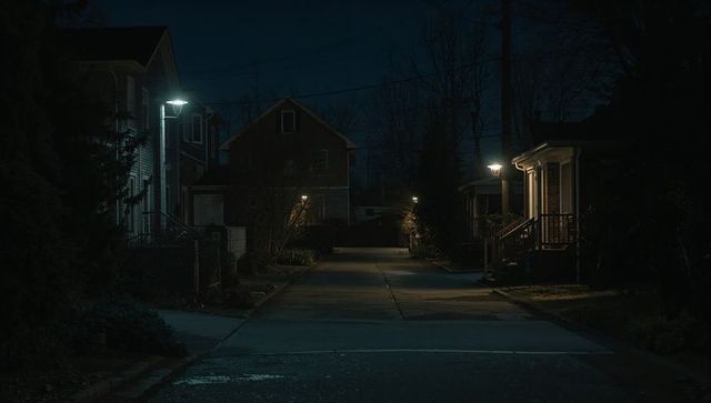 Empty suburban lane illuminated by porch lamps and lampposts at night, moody residential scene