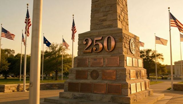 Bronze 250 monument on stone plinth with us flags in civic plaza during golden hour