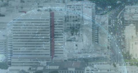 Futuristic data overlay on urban cityscape illustrating digital connectivity
